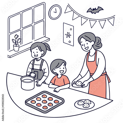 Family baking cookies in a kitchen with halloween decorations and a window with a potted plant on the sill