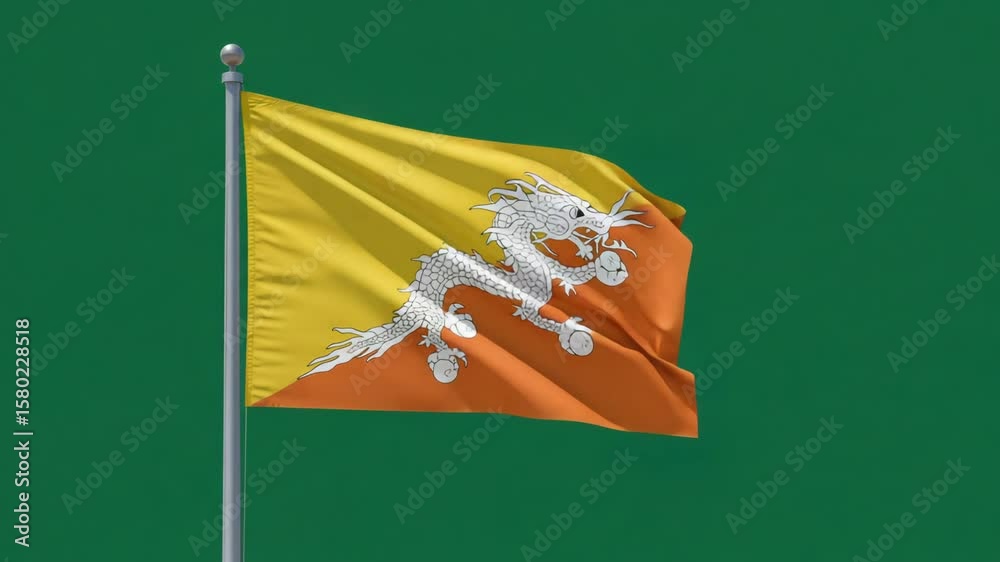 Bhutanese Flag: An eye-level shot capturing the iconic national flag of Bhutan proudly waving in the wind against a clear sky background, symbolizing the country's identity and heritage. 