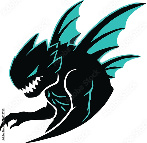 Aggressive, stylized, mythical creature logo with teal accents.