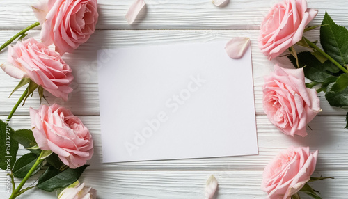 Blank congratulatory greeting card mockup with red roses on white background. Wedding or vintage greeting template.