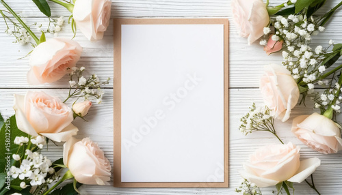 Blank congratulatory greeting card mockup with red roses on white background. Wedding or vintage greeting template.