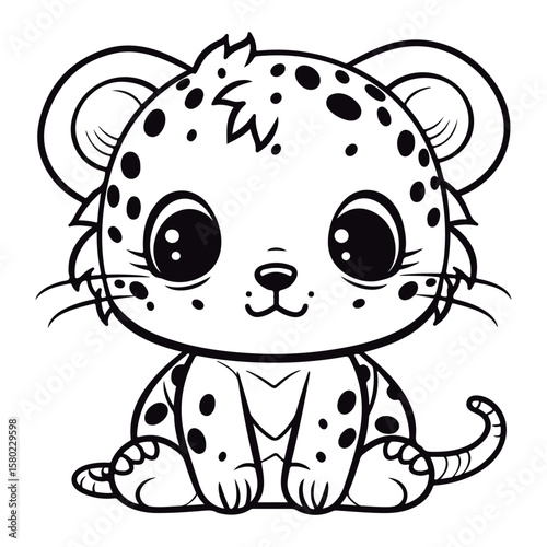 outlined baby Leopard kawai coloring page illustration.