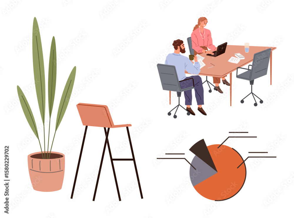 Fototapeta premium Team discussing analytics at a desk with laptop and documents, tall potted plant, high stool, pie chart. Ideal for teamwork, data analysis, communication, office, planning workplace simple flat