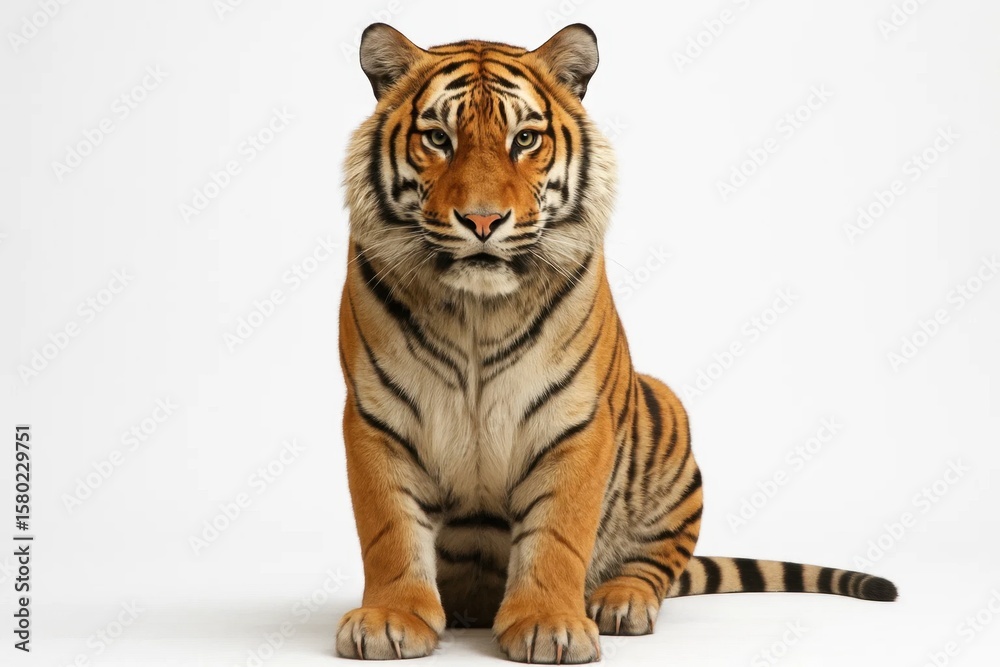 Obraz premium A majestic tiger sits poised on a white background, its gaze steady and commanding