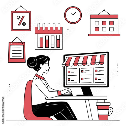 Illustration of a woman working at a computer with calendars clock and discount sign in the background