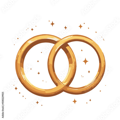 Two gold wedding rings intertwined with sparkling elements  