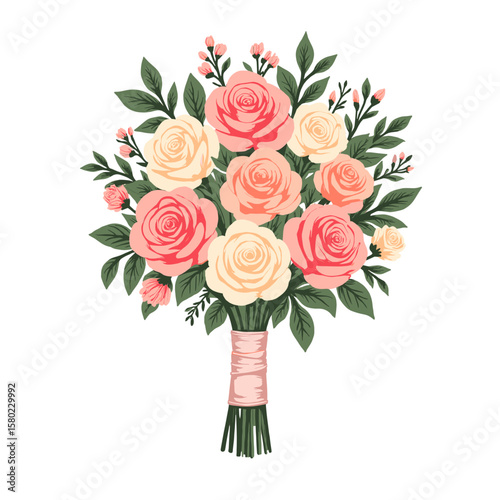 Bridal bouquet of pink and cream roses with greenery on white background  