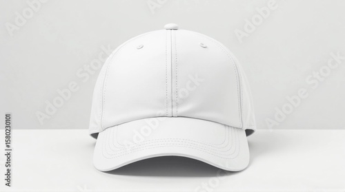 Minimal front-facing studio shot of a plain white baseball cap on a clean white background. The cap is unbranded, making it ideal as a blank mockup for logo design, fashion catalogs, online shops.
