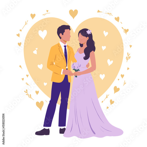Couple in wedding attire exchanging vows with hearts in background  