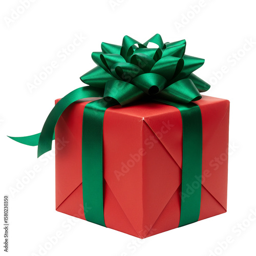 Isolated Gift Wrapped in Red with Green Bow for Christmas Present