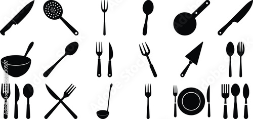 Kitchen Utensil Set in Holder, Simple Icon on white. Food Court Sign.