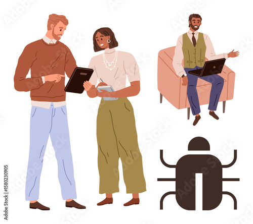 Professionals discussing solutions with tablets, a laptop, and a bug symbol. Ideal for teamwork, software development, troubleshooting, IT, tech support, debugging and collaboration in a simple flat