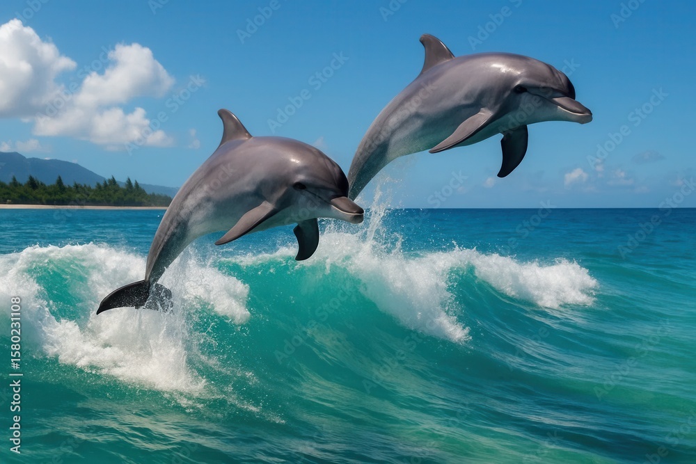 Fototapeta premium Dolphins Dance on a Wavescape of Blue