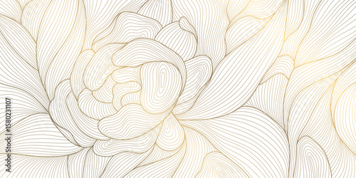 Vector line gold flower abstract pattern, blossom elegant luxury ornament, petals and leaves texture. Beauty foliage royal design, background