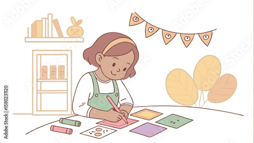 A girl is drawing on a pink paper with crayons on a table with balloons and a banner in the background