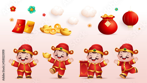 Cartoon God of Wealth Character with different pose and chinese elements vector Illustration. Translation : Yuan, Yen