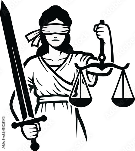 A blindfolded woman holding a sword and scales, representing justice.