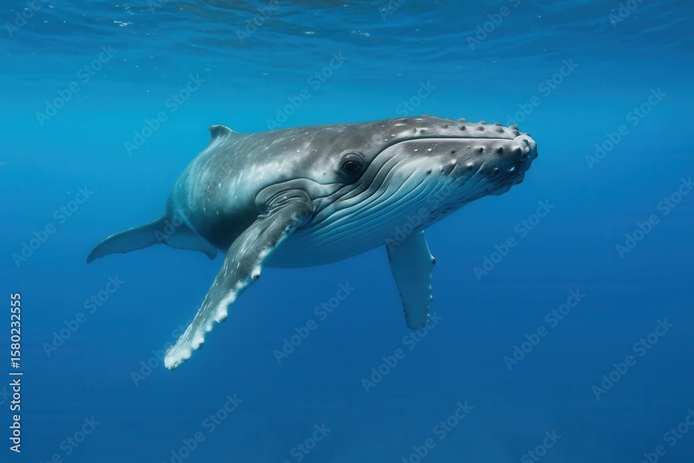 Fototapeta premium A lone humpback whale gracefully swims beneath the clear blue waters of the ocean