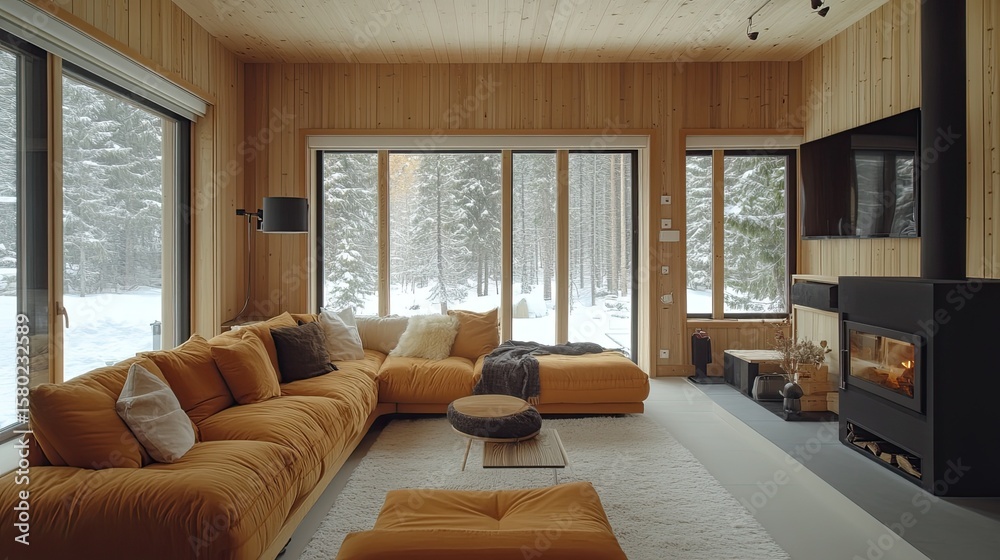 Naklejka premium Minimalist Scandinavian living room with sofa, wooden walls, and modern furniture, cozy home interior. 