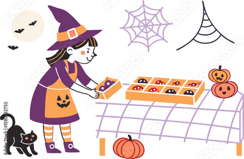 A witch preparing halloween treats with a black cat, pumpkins, moon and spiderwebs in the background