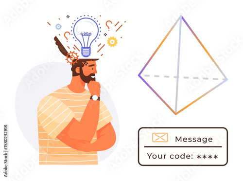 Man thinking while lightbulb symbolizes ideas digital message with code and geometric shape. Ideal for creativity, innovation, communication, problem-solving, technology, security, simple flat