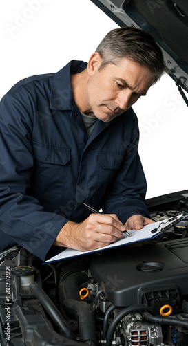 Isolated Image of Mechanic in Blue Uniform Inspecting Car Engine