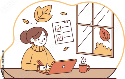 Woman working on laptop with coffee and checklist near window with falling autumn leaves design