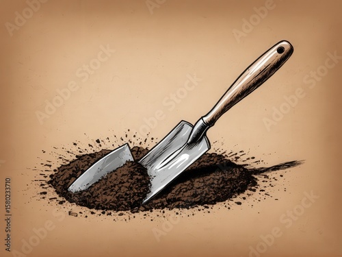  A solitary trowel rests on a rich brown soil canvas
