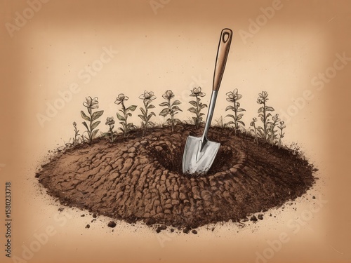  A solitary trowel rests on a rich brown soil canvas