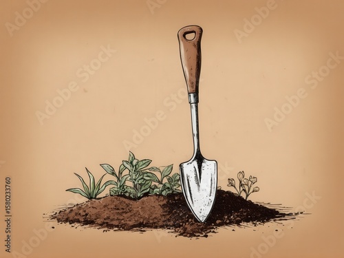 A solitary trowel rests on a rich brown soil canvas