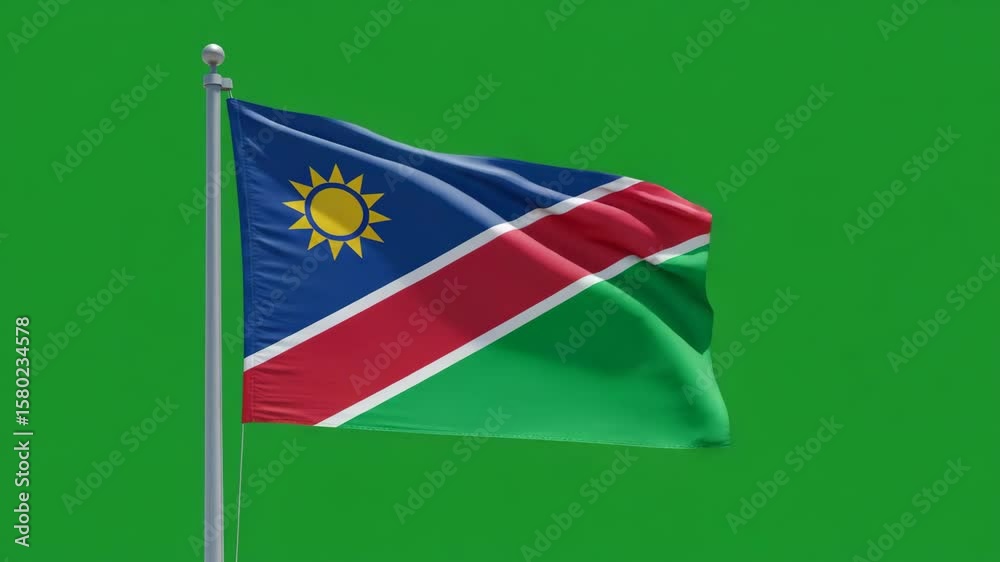 Namibian Flag on Pole: The flag of Namibia billows in the wind, its vibrant colors of blue, red, green, white, and gold showcased against a backdrop of lush green.