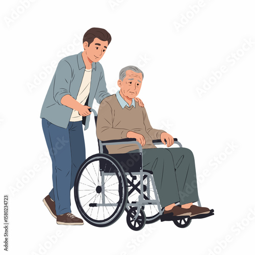 Child Lovingly Pushing Father in Wheelchair, Heartwarming Family Moment Full of Care