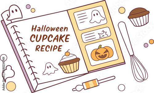 Illustration of a halloween cupcake recipe book with ghosts pumpkins and baking tools on a white background