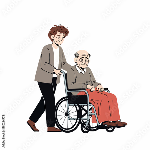 Child Lovingly Pushing Father in Wheelchair, Heartwarming Family Moment Full of Care