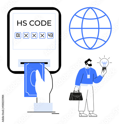 HS code form with money transaction, globe, and businessman holding light bulb. Ideal for trade, logistics, e-commerce, global commerce, customs innovation entrepreneurship. Simple flat metaphor