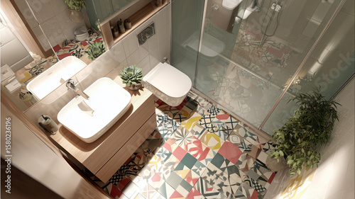 Compact apartment bathroom, space-saving floating vanity, geometric floor tiles, walk-in glass shower