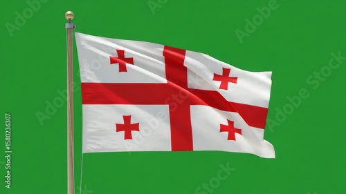 Georgian Flag in Breeze: The national flag of Georgia, with its distinctive design featuring a white background and five red crosses, waves proudly against a green background.