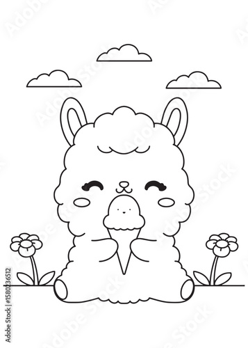 Coloring book alpaca eating ice cream in a garden.
