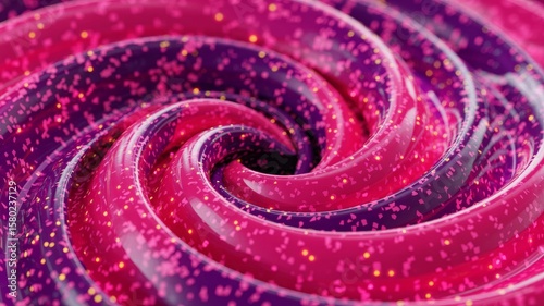 Close up abstract swirling vortex of pink and purple glossy ribbons with glitter