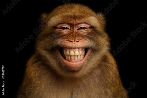 A joyful monkey with a wide grin showcases its teeth, radiating happiness against a stark black background