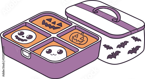 Halloween themed bento box with pumpkin, jack o lantern, and ghost designs next to a bat patterned lunchbox