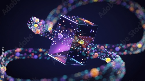Abstract cube structure with colorful glowing particles and bokeh effects