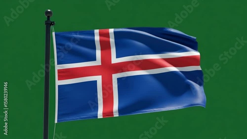 Icelandic Flag Fluttering: The flag of Iceland, with its bold design of a red cross edged in white on a blue field, billows majestically in the wind. This flag.