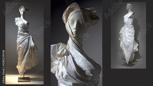 An exquisite sculptural art piece showcasing an elegant white dress with intricate drapery, capturing dynamic movement and fluidity in its form from multiple angles. 