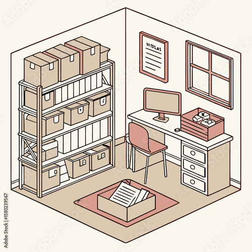 Isometric view of a storage room with shelves, boxes, a desk, chair, computer, and window in a corner