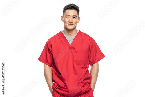 Confident Asian male in red scrubs