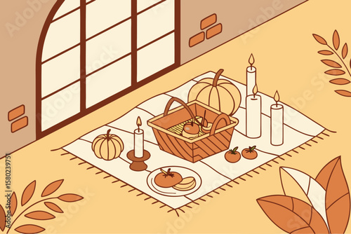 Still life scene featuring pumpkins candles basket and fruit arranged on a checkered blanket indoors
