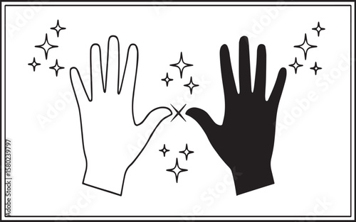 Two hands touching, one white and one black with stars around them on white background