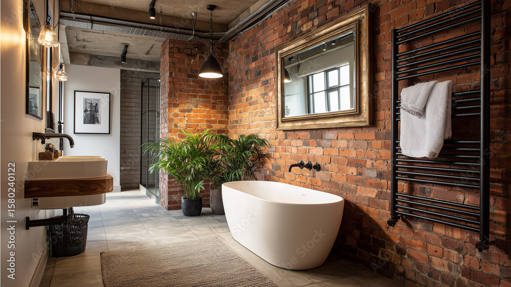 Fototapeta premium Loft bathroom with freestanding tub, exposed brick feature wall, steel towel rack, large vintage mirror