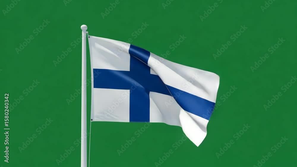 Finnish Flag in Motion: A vibrant Finnish flag billows in the wind, its iconic blue cross against a pristine white background, showcasing national pride and unity.